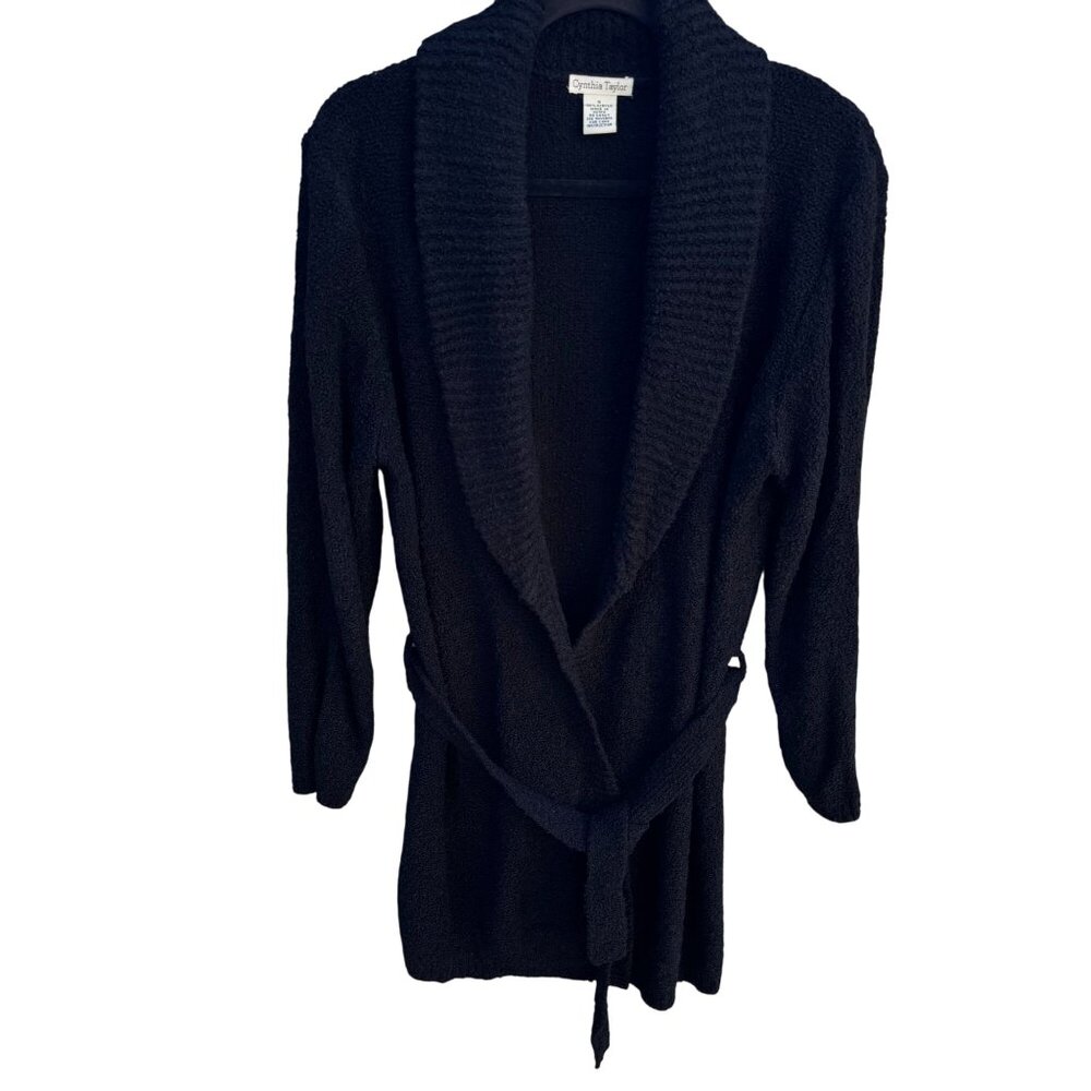 Cynthia Taylor Black Shawl‎ Collar Belted Knit Minimalist Cardigan Sweater S